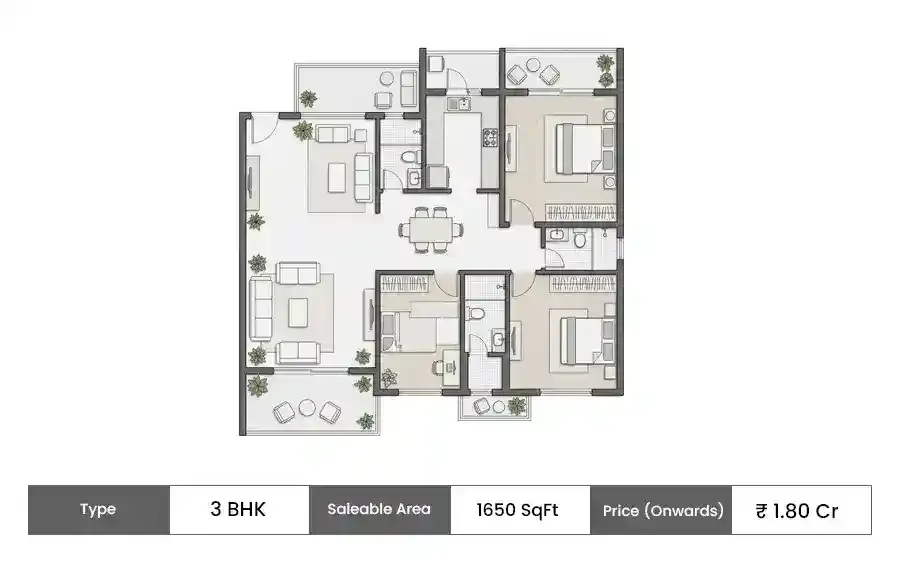 Hero Leafsong Retreat 3 BHK floor plan, 1650 sq ft saleable area