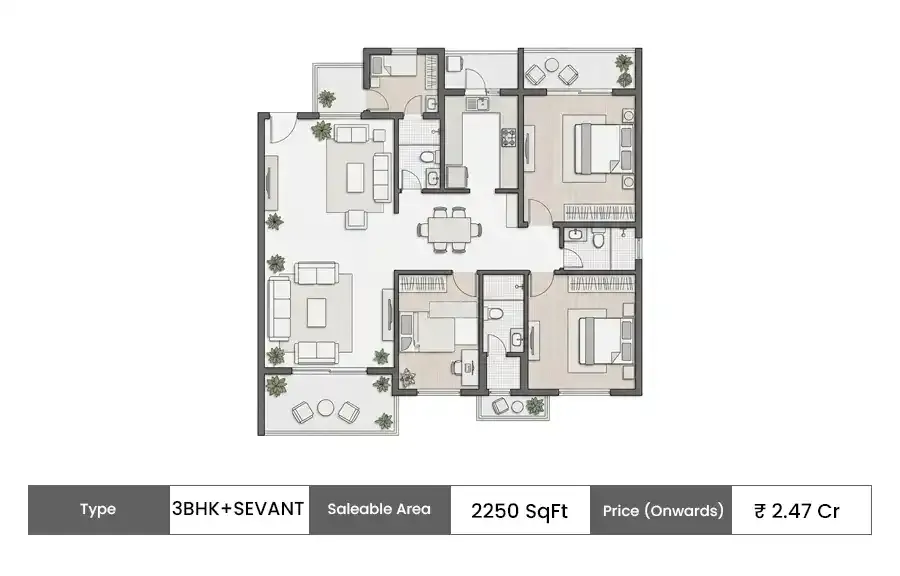 Hero Leafsong Retreat 3 BHK + SR floor plan, 2250 sq ft saleable area